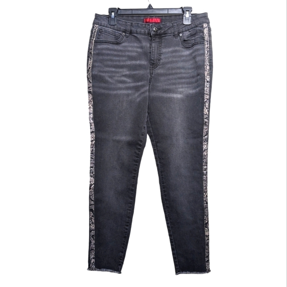 Jlo Black Denim Snakeskin Trim Pants Jennifer Lopez Cropped Skinny Leg Unique